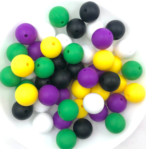 Silicone Bead Mix,  50 or 100 BULK Round Silicone Beads--White, Kelly Green, Yellow, Royal Purple, Black
