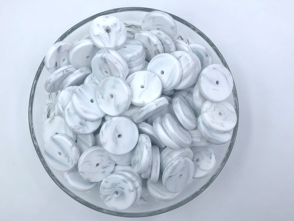 NEW!  25mm White Marble Coin Silicone Beads