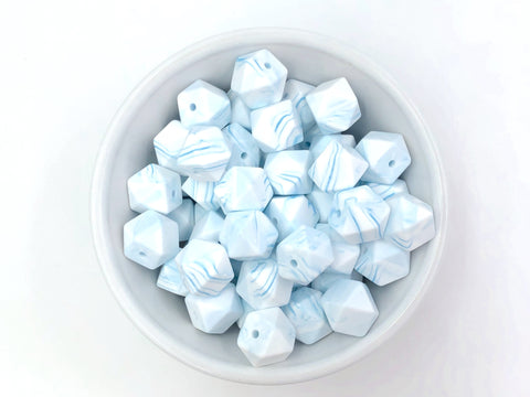 14mm Blue Marble Hexagon Silicone Beads