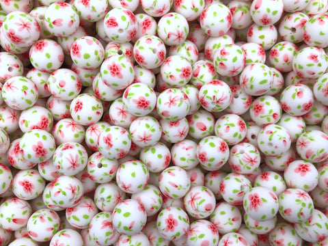 Pink Delicate Flower Printed Silicone Beads--15mm