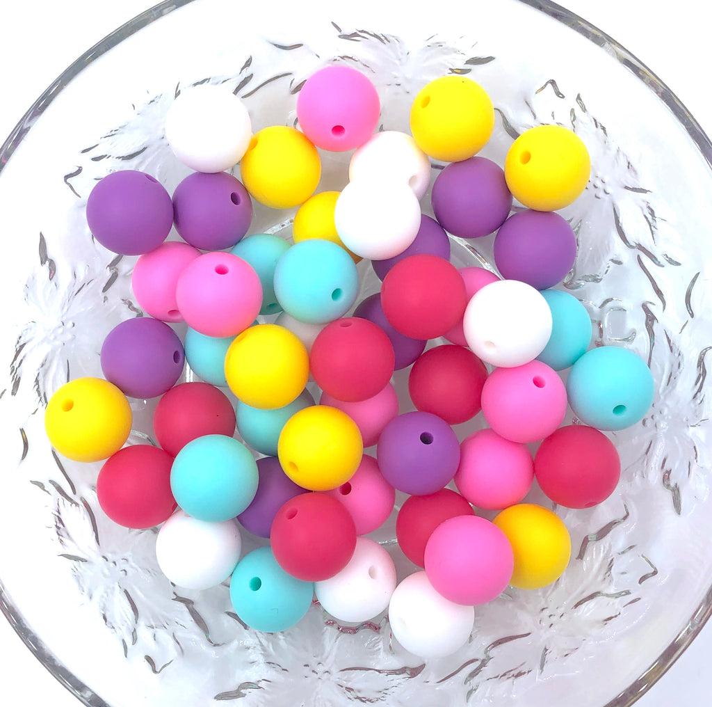 White, Pink, Light Hot Pink, Aqua Yellow & Lavender Purple BULK Round Silicone Beads