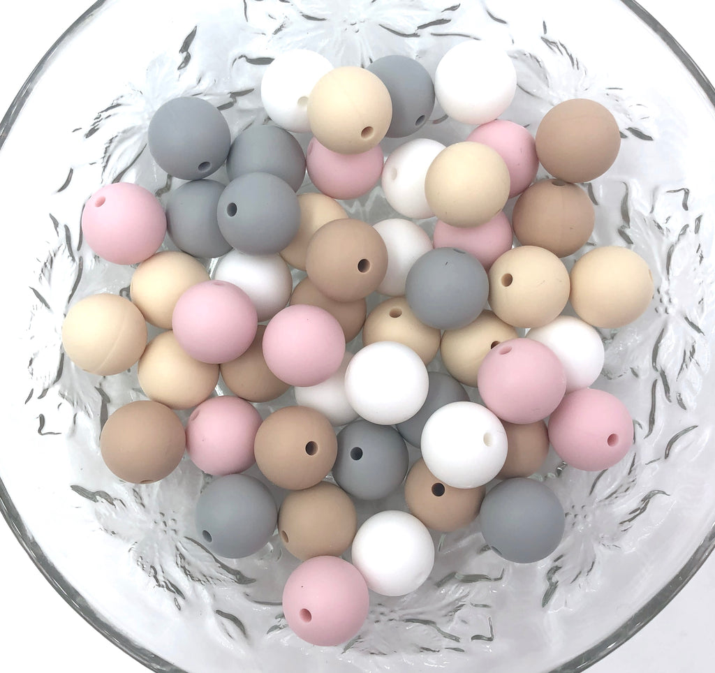 White, Powder Pink, Beige, Oatmeal & Light Gray BULK Round Silicone Beads