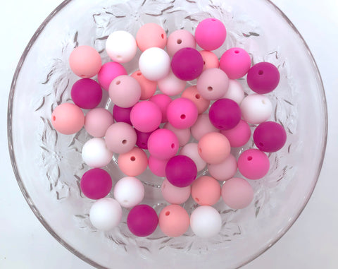 Pink, Hot Pink, Powder Pink, Pink Quartz and White BULK Round Silicone Beads