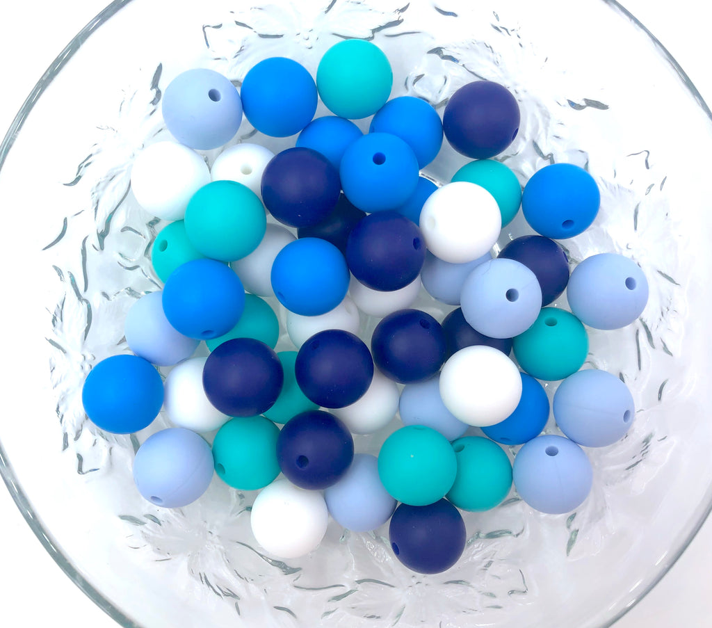 Baby Blue, Sky Blue, Navy Blue, Turquoise and White BULK Round Silicone Beads