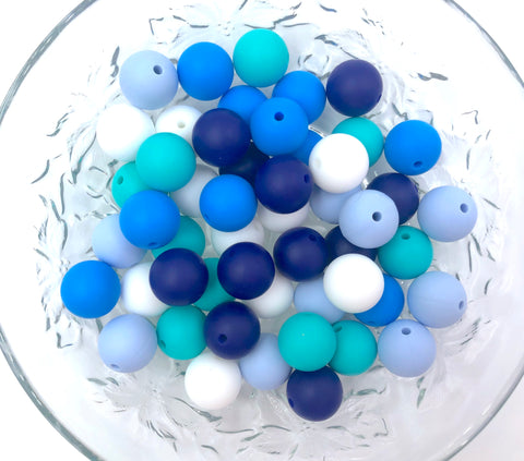 Baby Blue, Sky Blue, Navy Blue, Turquoise and White BULK Round Silicone Beads