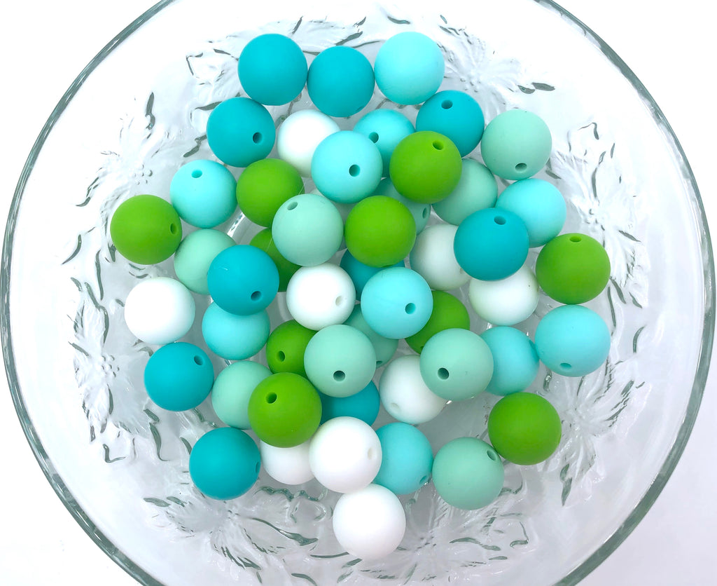 Turquoise & Mint Cow Print Silicone Bead Mix, 50 or 100 BULK Round Silicone  Beads