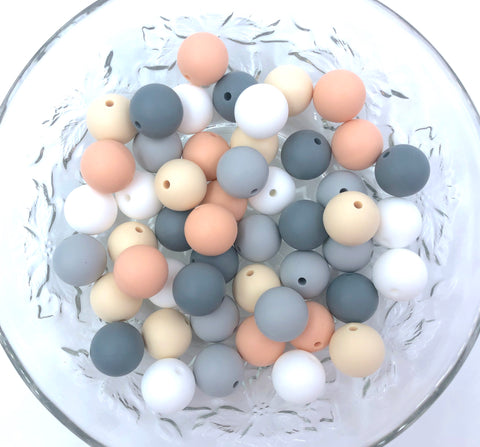 White, Beige, Peach, Light Gray and Gray  BULK Round Silicone Beads