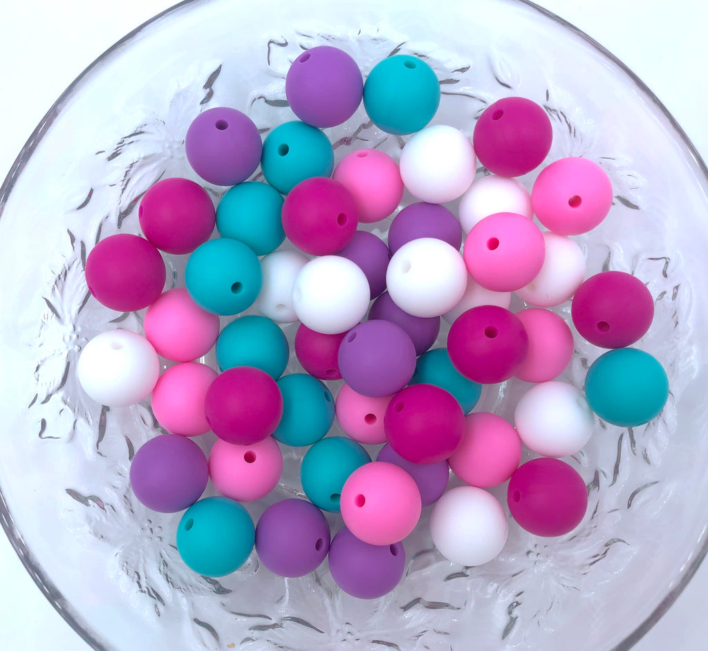 White, Pink, Hot Pink, Turquoise & Lavender Purple BULK Round Silicone Beads
