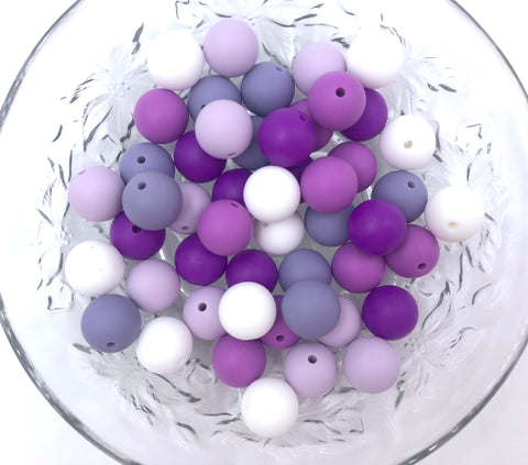 White, Lavender Mist, Tropical Lilac, Lavender Purple and Royal Purple BULK Round Silicone Beads