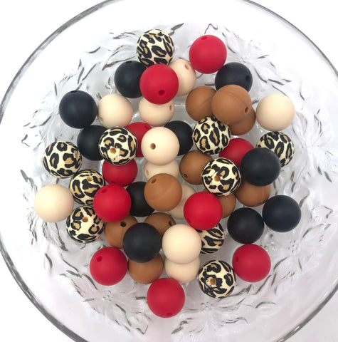 Leopard Silicone Bead Mix,  50 or 100 BULK Round Silicone Beads