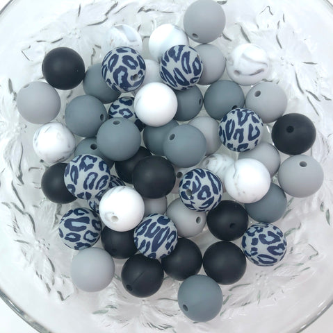 Gray Leopard Silicone Bead Mix,  50 or 100 BULK Round Silicone Beads