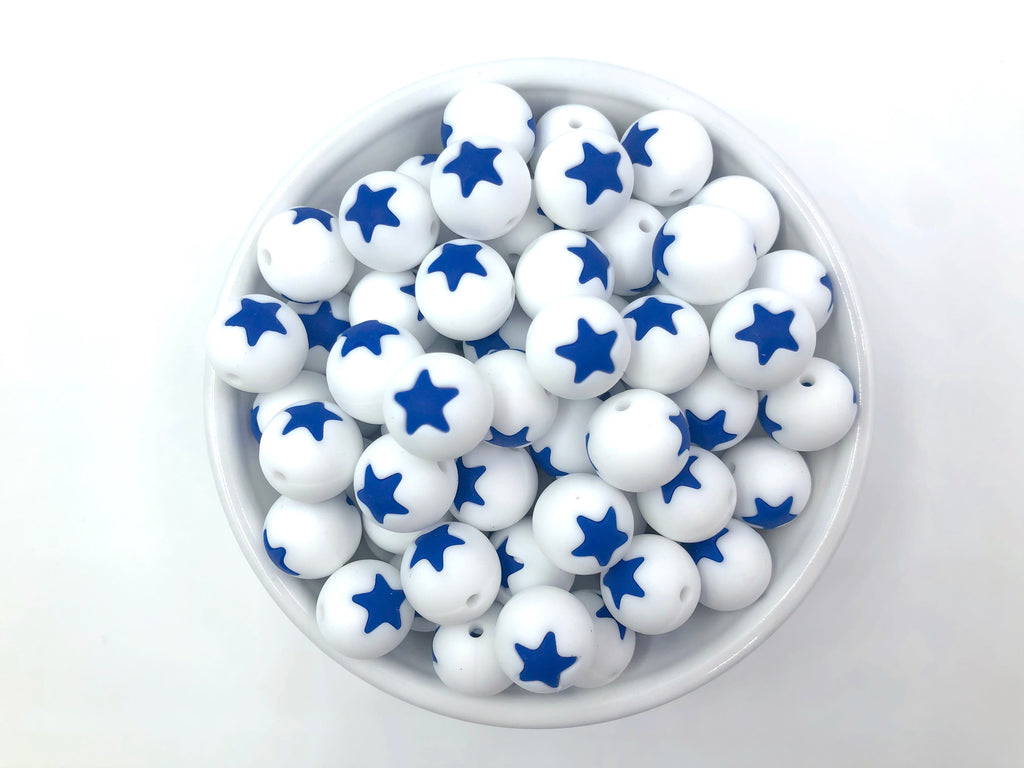 Limited Edition!   15mm White and Royal Blue Star Silicone Beads