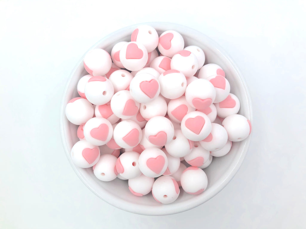 Limited Edition!   15mm White and Pink Quartz Heart Silicone Beads