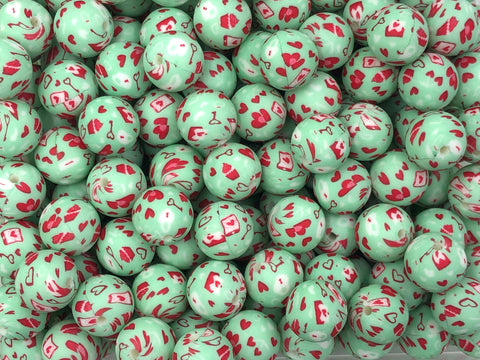 Mint Heart Valentine's Print Silicone Beads--15mm
