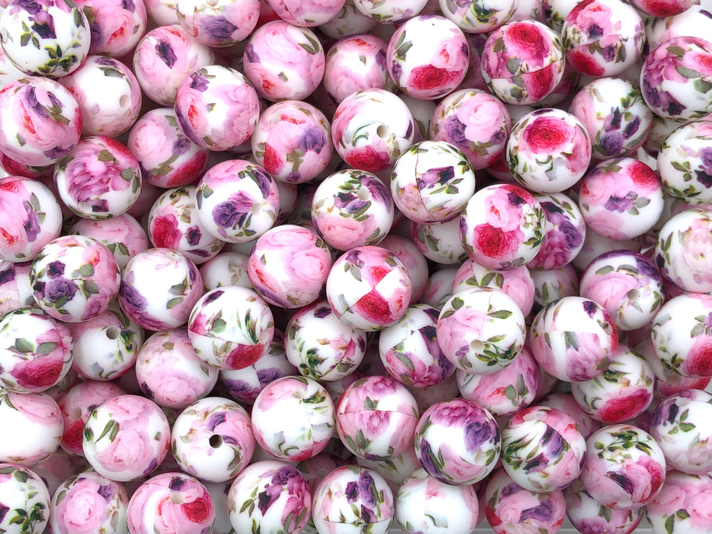 Pink Peony Flower Print Silicone Beads--15mm