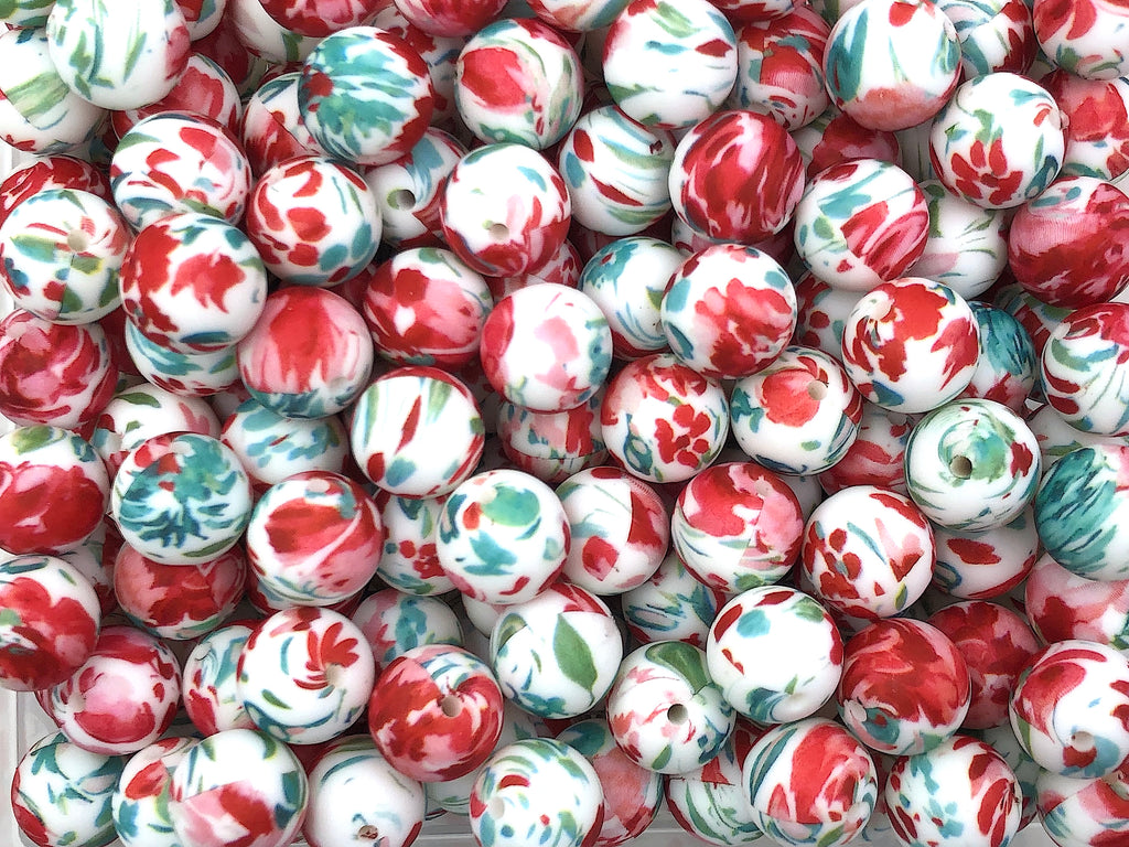 Red & Teal Floral Print Silicone Beads--15mm