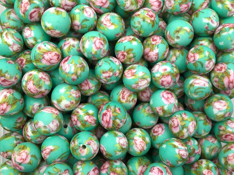Mint Green Victorian Flower Print Silicone Beads--15mm