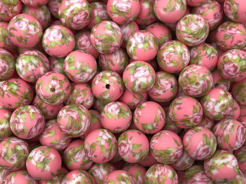 Pink Victorian Flower Print Silicone Beads--15mm