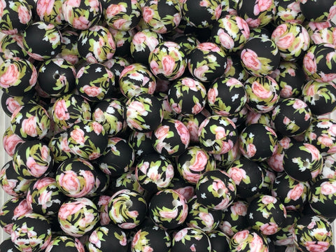 Navy Victorian Flower Print Silicone Beads--15mm
