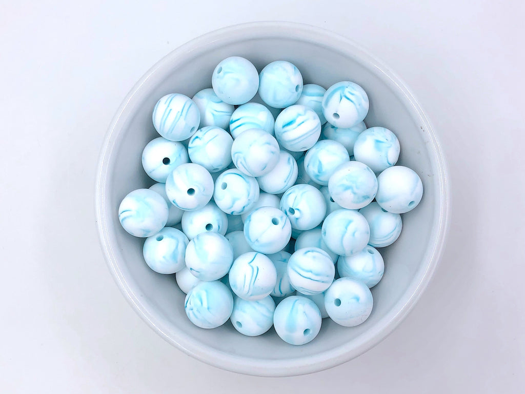15mm Teal Marble Silicone Beads