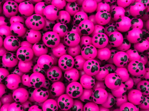 Large Hot Pink Paw Print Silicone Beads--15mm