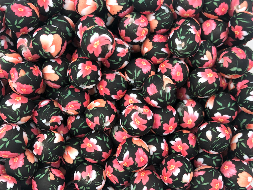 Black, Pink & Coral Flower Print Silicone Beads--15mm