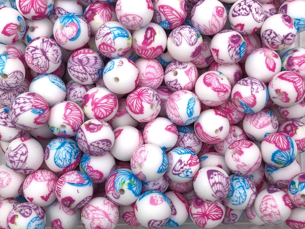 Pink & Purple Butterfly Print Silicone Beads--15mm