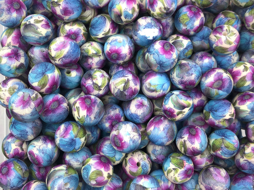 Blue & Purple Iris Flower Print Silicone Beads--15mm