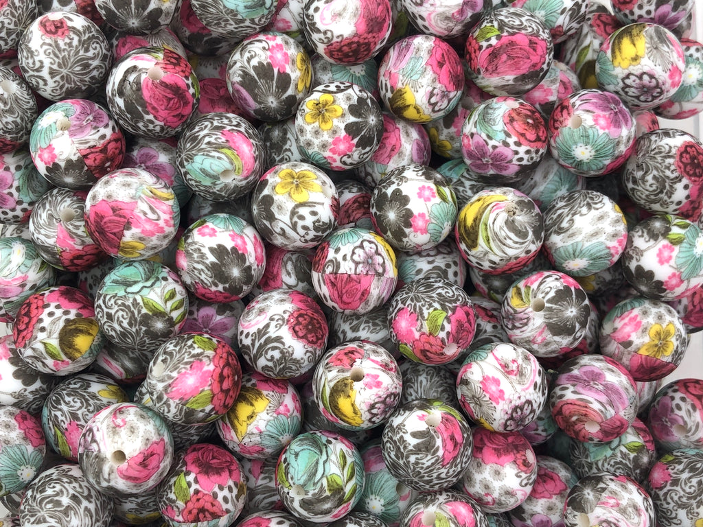 Black & Pink Floral Print Silicone Beads--15mm