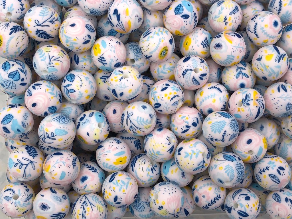 Spring Wild Flower Print Silicone Beads--15mm