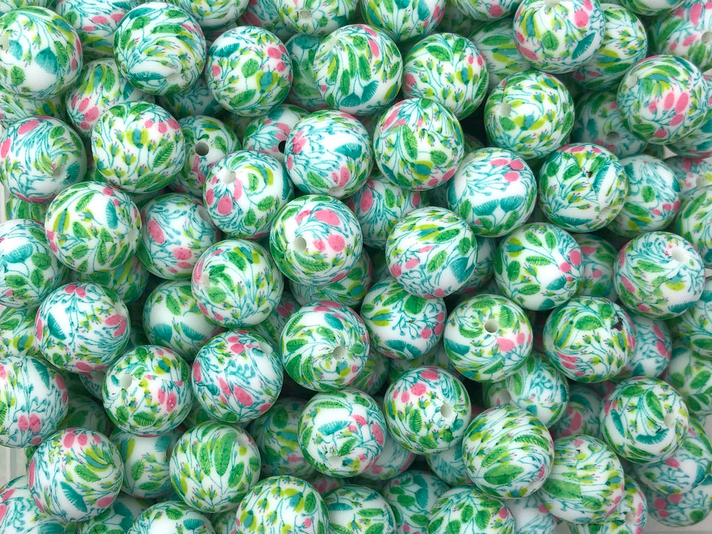 Green Foliage Print Silicone Beads--15mm