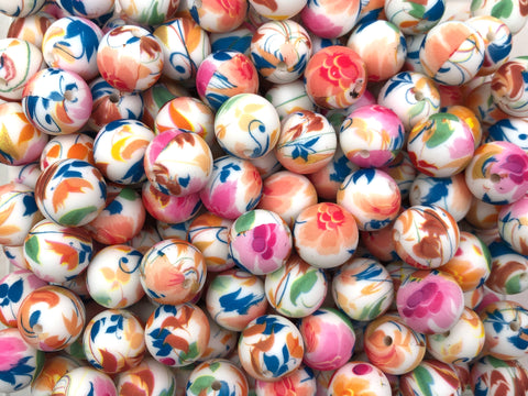 Pink, Coral, Blue & Brown Flower Print Silicone Beads--15mm