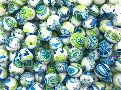 Green & Blue Print Silicone Beads--15mm