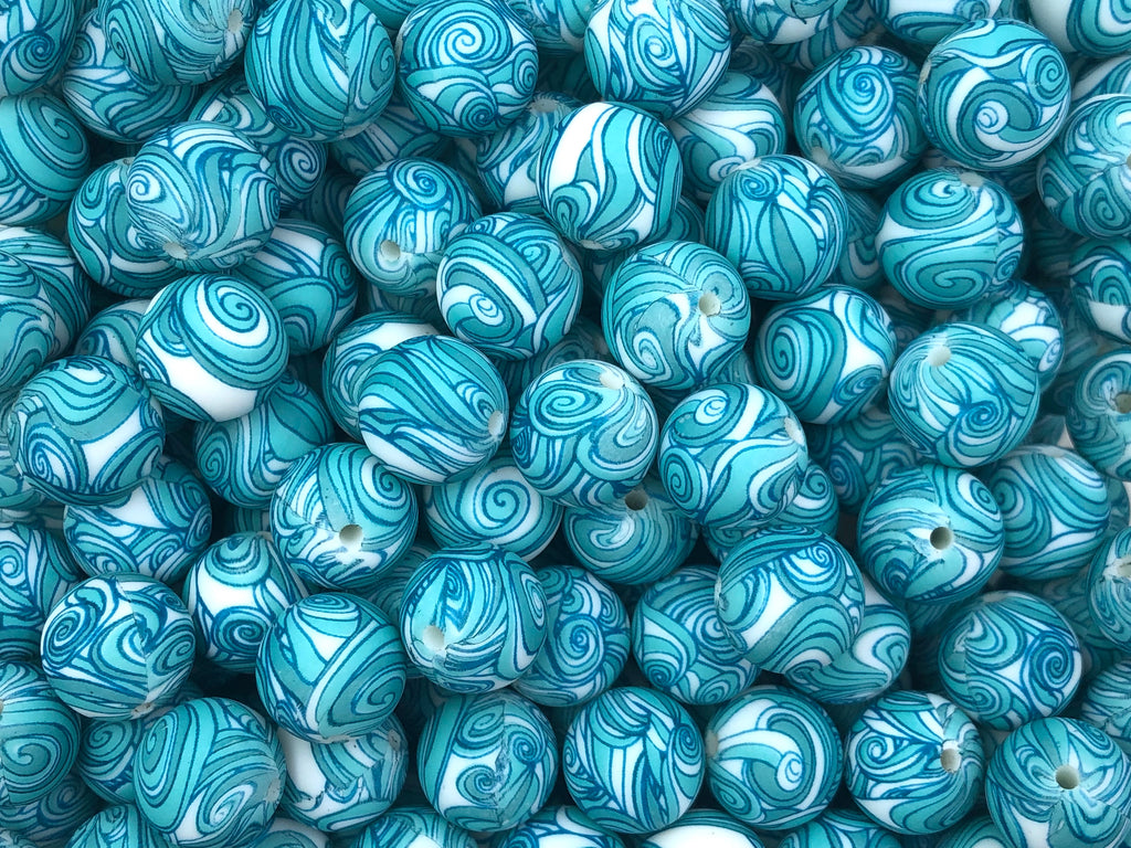 Aqua Swirl Print Silicone Beads--15mm