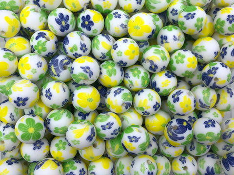 Blue, Yellow & Green Print Silicone Beads--15mm