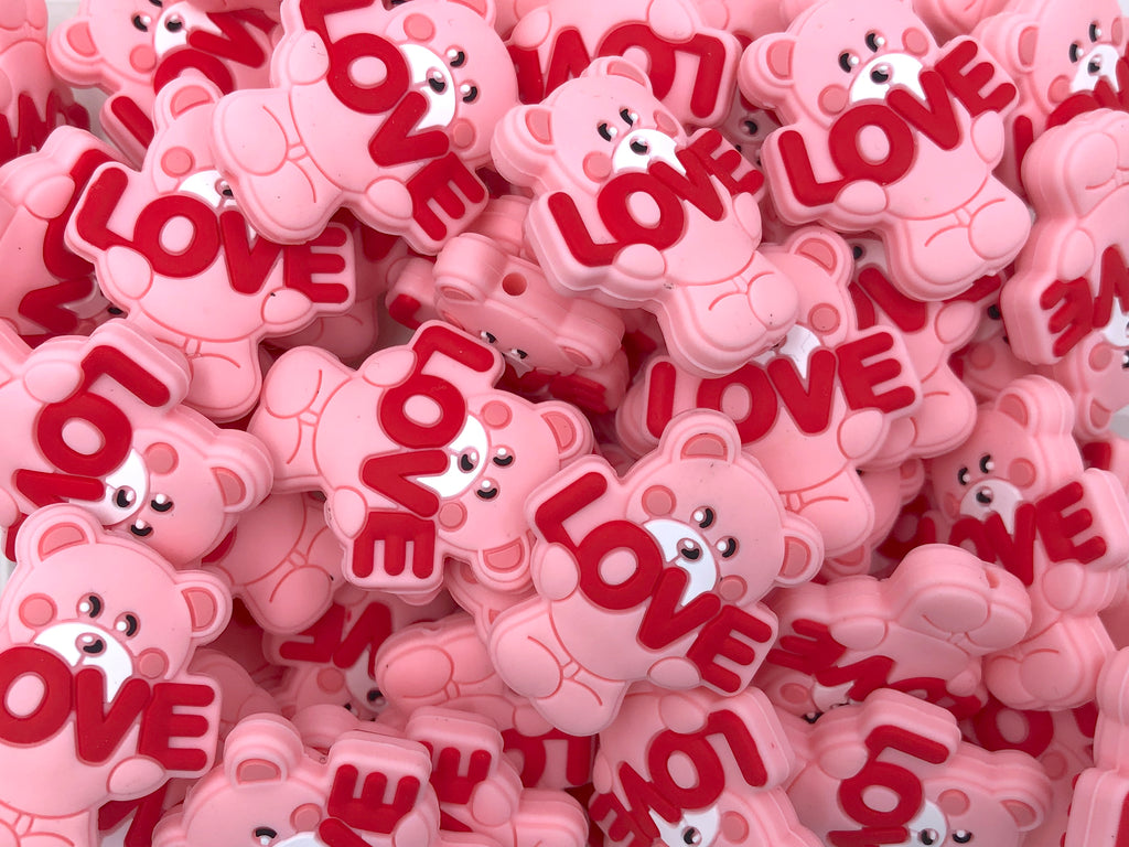 Love Teddy Bear Silicone Beads--Pink