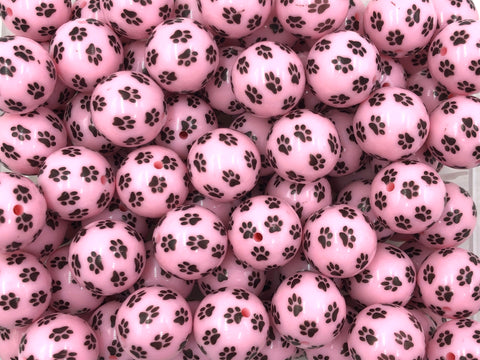 20mm Pink Paw Printed Chunky Beads