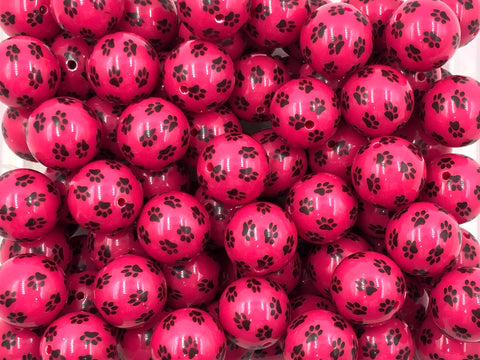 20mm Hot Pink Paw Printed Chunky Beads