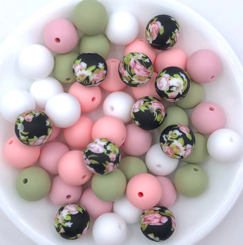 Black Victorian Flower Silicone Bead Mix--White, Pink Quartz, Powder Pink, Sage