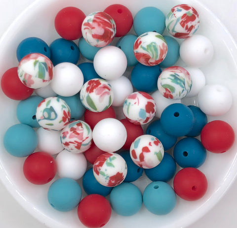 Red & Teal Flower Silicone Bead Mix--White, Teal Blue, Red, Seaside