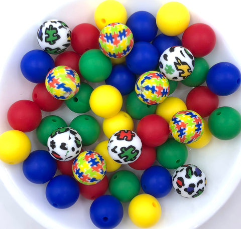 Autism Awareness Silicone Bead Mix--Red, Yellow, Kelly Green, Royal Blue
