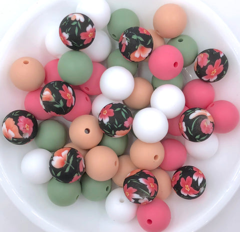 Black, Coral & Pink Flower Silicone Bead Mix--White, Green Tea, Peach, Perfectly Pink
