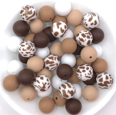 Brown Cow Print Silicone Bead Mix,  50 or 100 BULK Round Silicone Beads