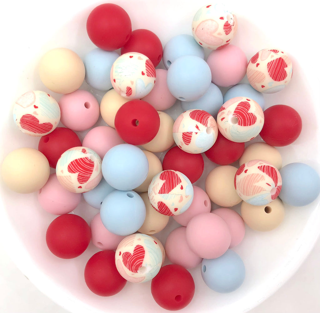 Red, Pink & Blue Heart Silicone Bead Mix--Beige, Powder Pink, Red, Baby Blue