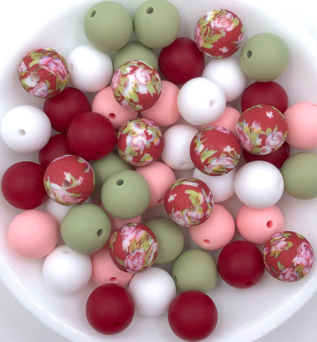 Red Victorian Flower Silicone Bead Mix--White, Pink Quartz, Cranberry, Sage