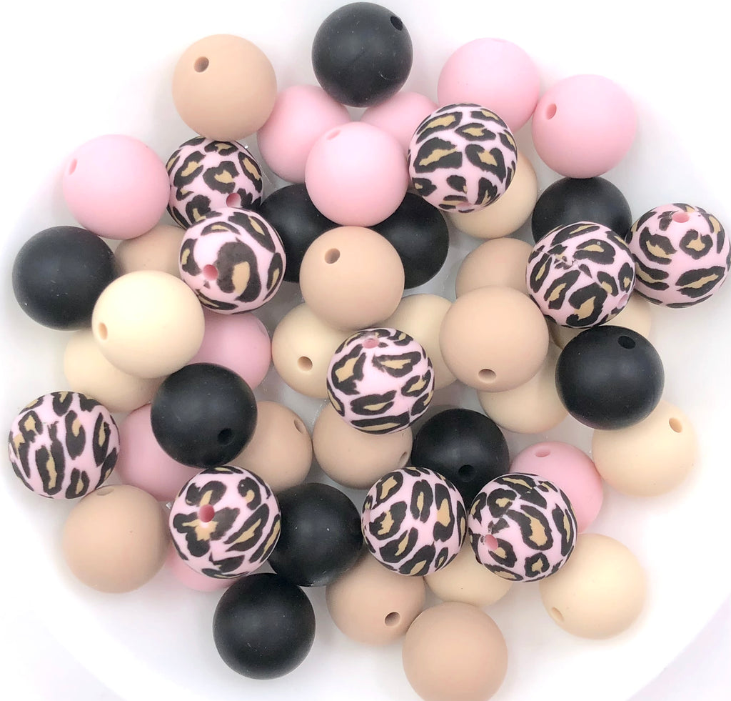 Light Pink Leopard Silicone Bead Mix--Oatmeal, Powder Pink, Black and Beige