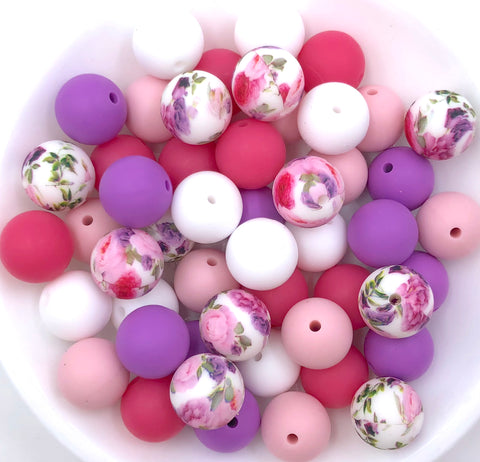 Pink Peony Flower Silicone Bead Mix--White, Powder Pink, Light Hot Pink, Lavender Purple