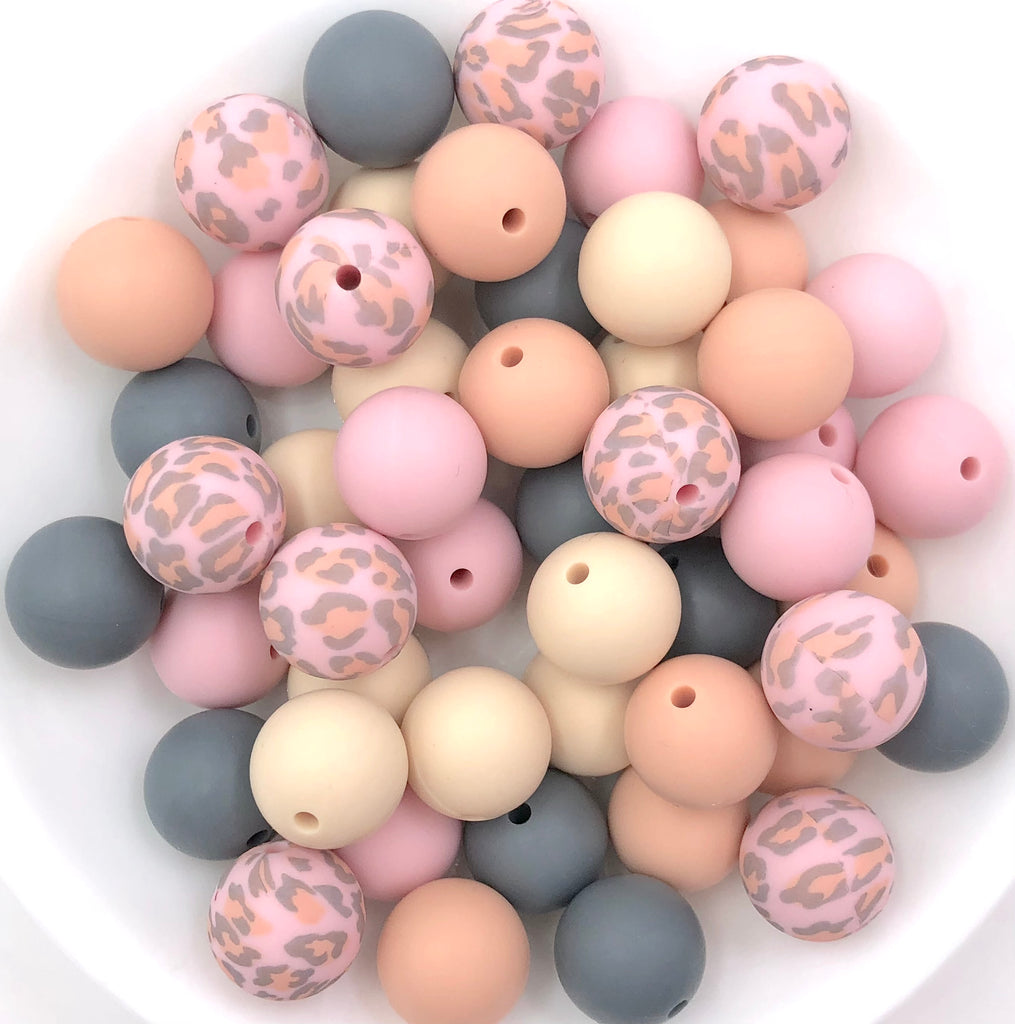 Peachy Pink Leopard Silicone Bead Mix--Beige, Powder Pink, Gray, Peach