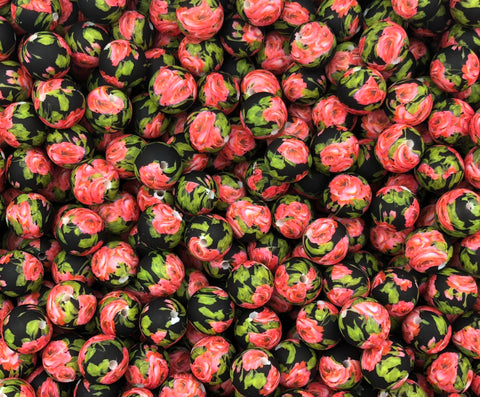 Black and Coral Flower Silicone Printed Beads--15mm
