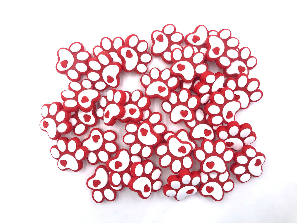 Paw Print Silicone Beads--Red & White